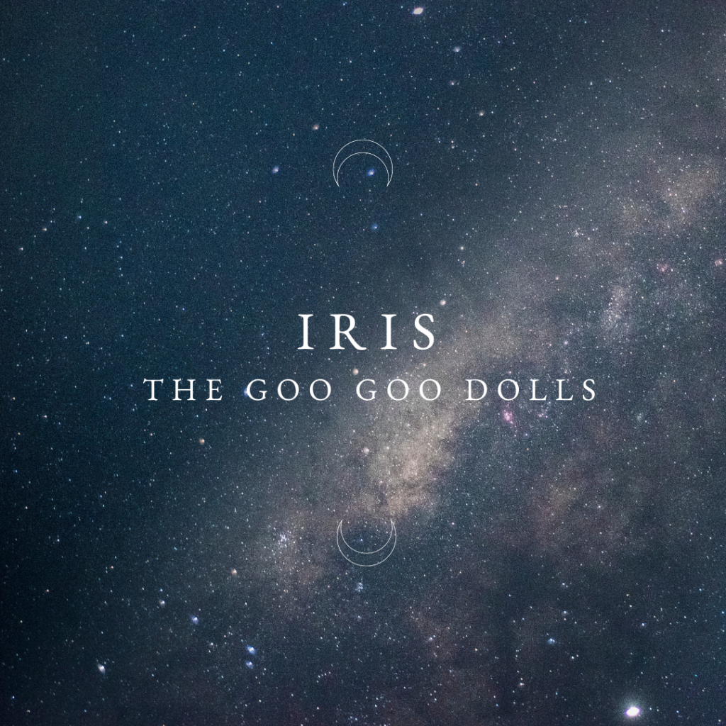 Starfield background with two crescent moons bracketing the words Iris - The Goo Goo Dolls