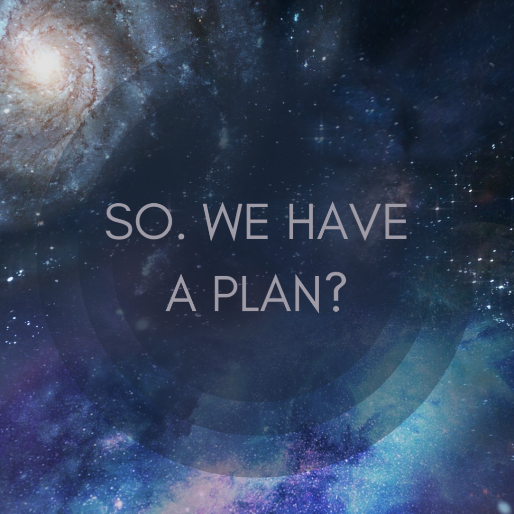 Three darker blue circles on top of a starscape. Words on top read “So. We have a plan?”