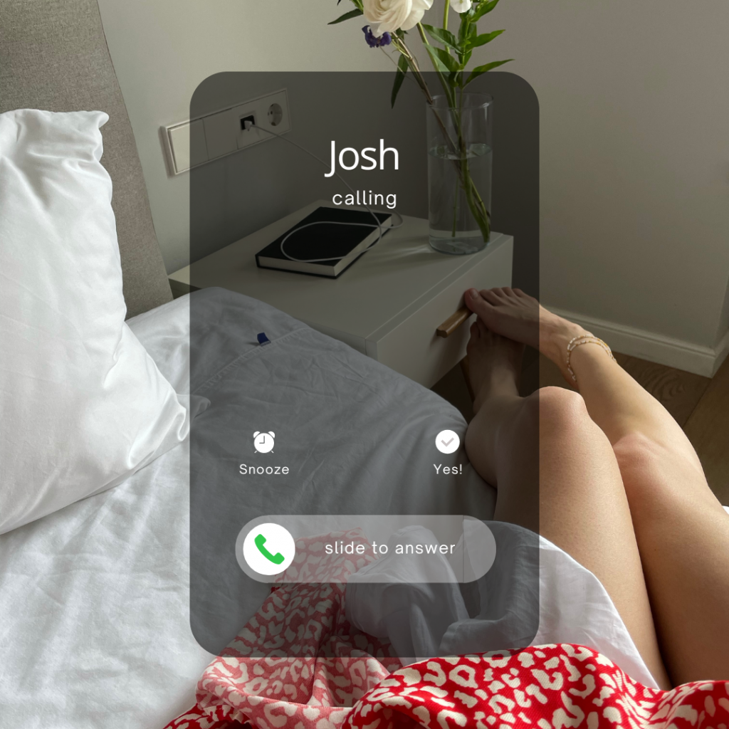 A woman's legs hanging off the bed and the image of a phone screen saying Josh is calling.