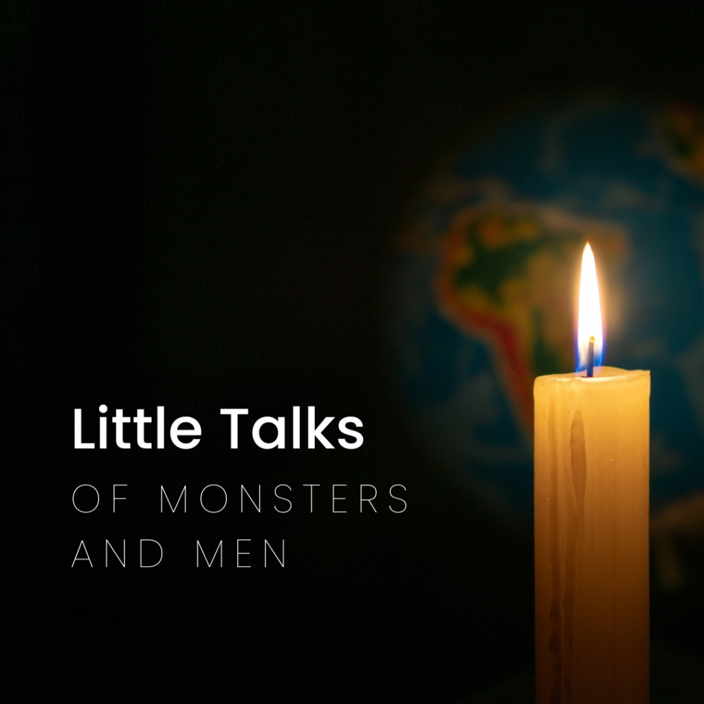 A candle in front of a globe in the dark.  Words in white: "Little Talks. Of Monsters and Men."