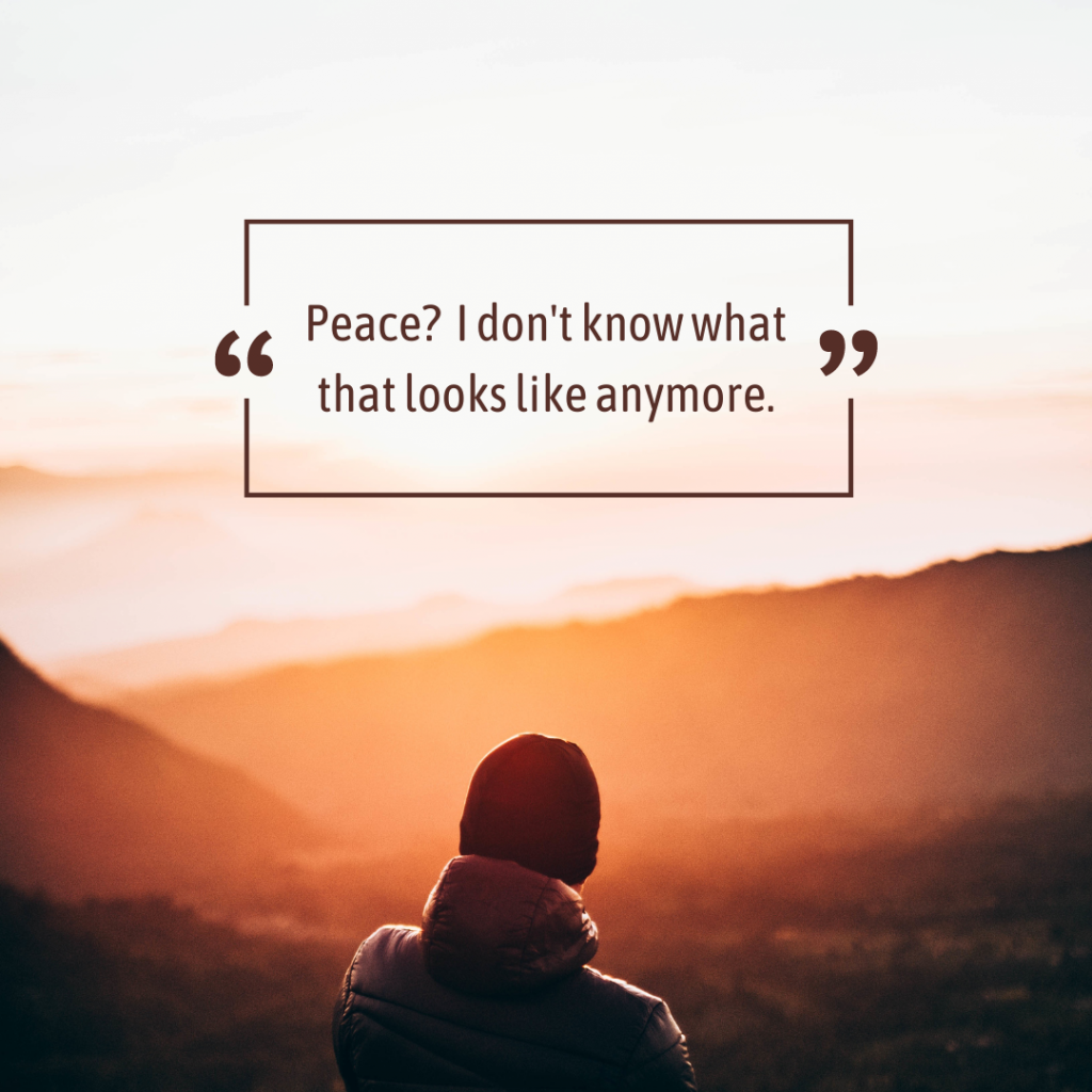 A hiker shot from behind looking out over a sunrise in a misty mountain valley. Words in a box with quotation marks in the upper center of the image "Peace? I don't know what that looks like anymore."