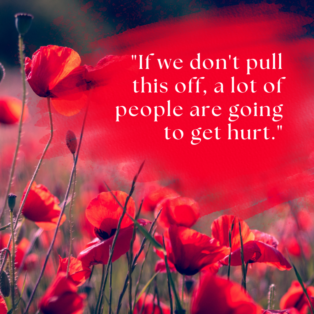 A poppy field with a red space overlaid in the upper right quadrant.  Words in white: "If we don't pull this off, a lot of people are going to get hurt."