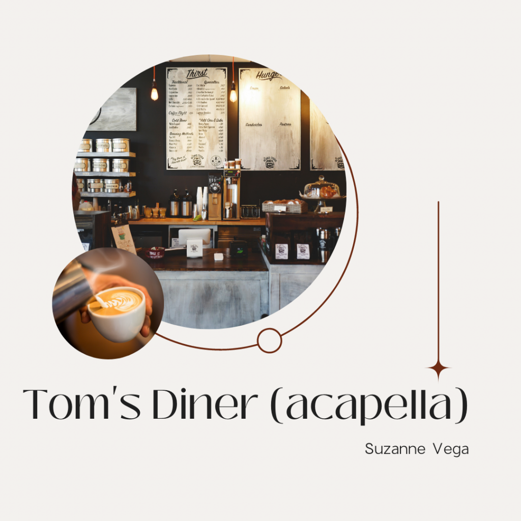 Small inset of a coffee shop back bar and menu and another inset with a cup of coffee with a barista doing foam art. Words in black beneath both images: "Tom's Diner (acapella" "Suzanne Vega"