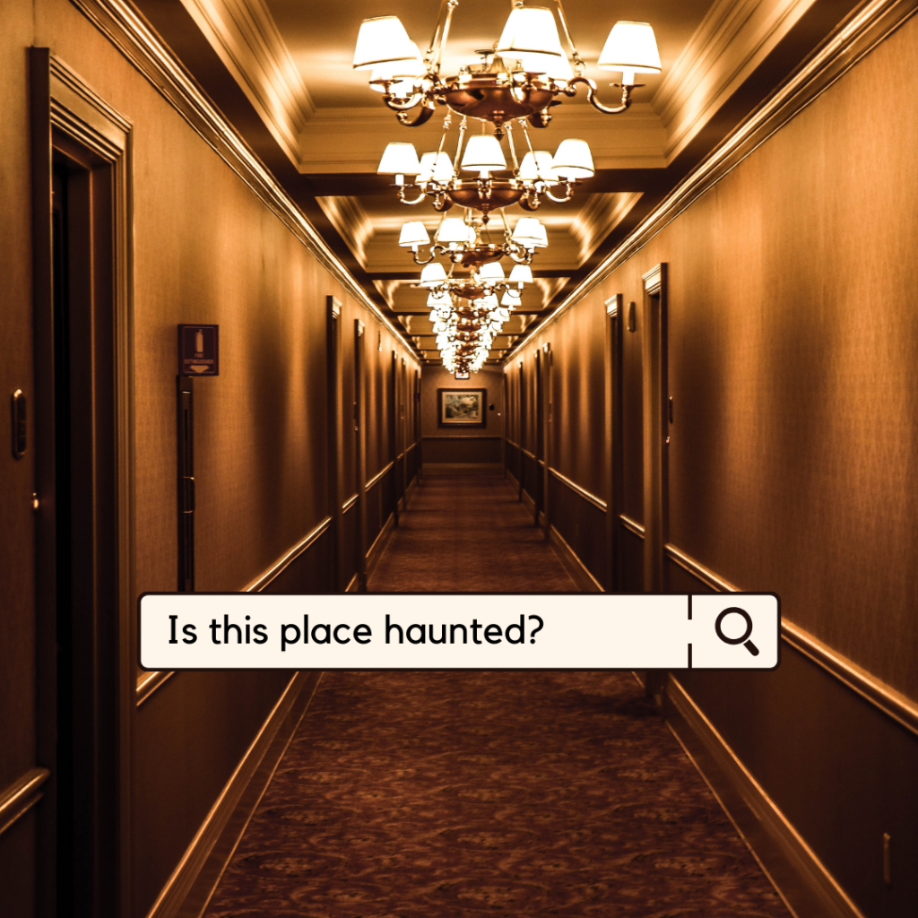 An old-fashioned hotel hallway with a search bar superimposed on it. Words in black in the search bar: "Is this place haunted?"