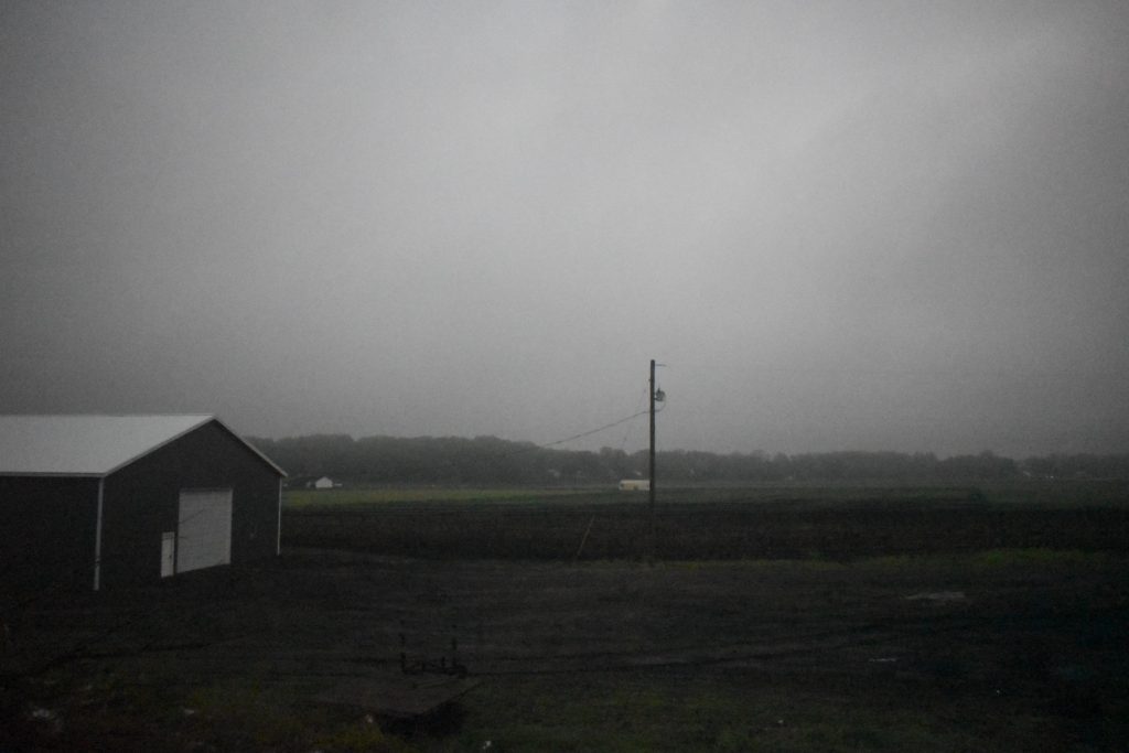 Misty gray morning on an industrial farm