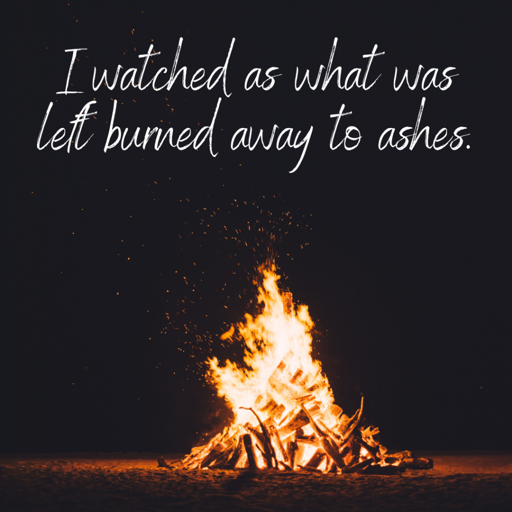 A campfire on a beach throwing sparks into the nigh air. Words in white above the image: "I watched as what was left burned away to ashes."