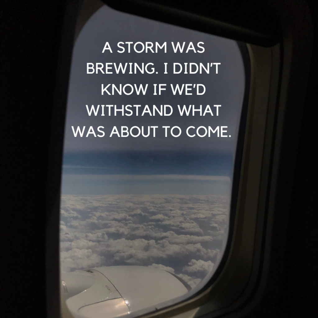 View of a gray sky and clouds beyond a plane window. Words in white: “A storm was brewing. I didn’t know if we’d withstand what was about to come.”