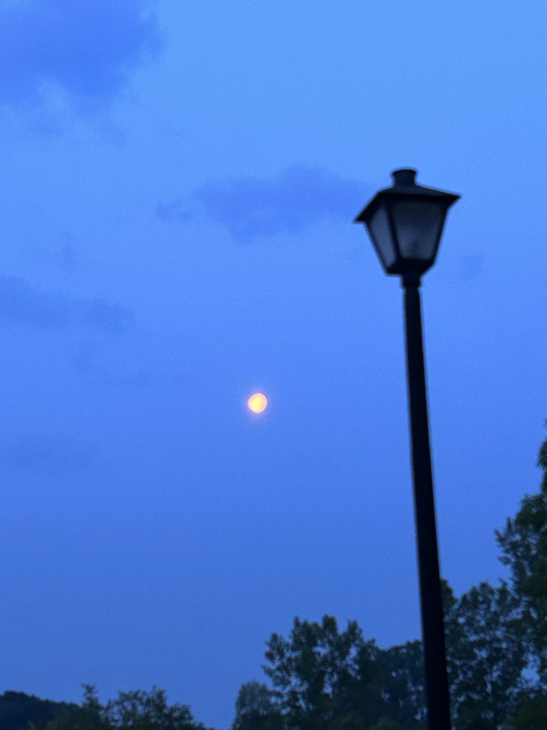 An old fashioned lamppost against a morning sky with the moon still visible.