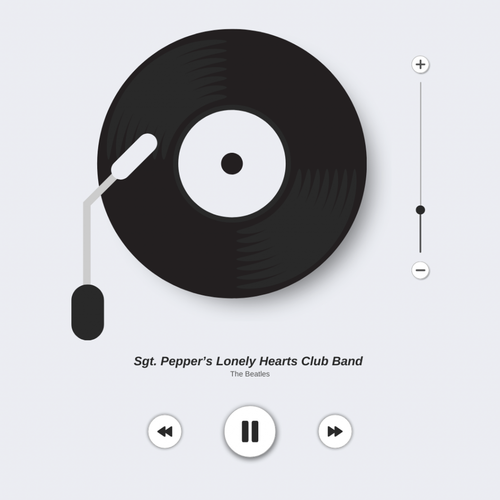 Stylized record player with volume, back, play/pause, and forward buttons. Words in black: “Sgt Pepper’s Lonely Hearts Club Band” “The Beatles”